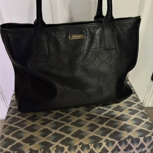 EUC Kate Spade Noel Rue Black Tote Perforated Pebbled Leather Handbag - Picture 15 of 15